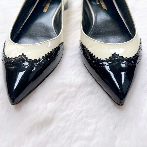 Saint Laurent Pointed Toe Patent Leather Ballet Flats Black Cream White 36 - Picture 2 of 13